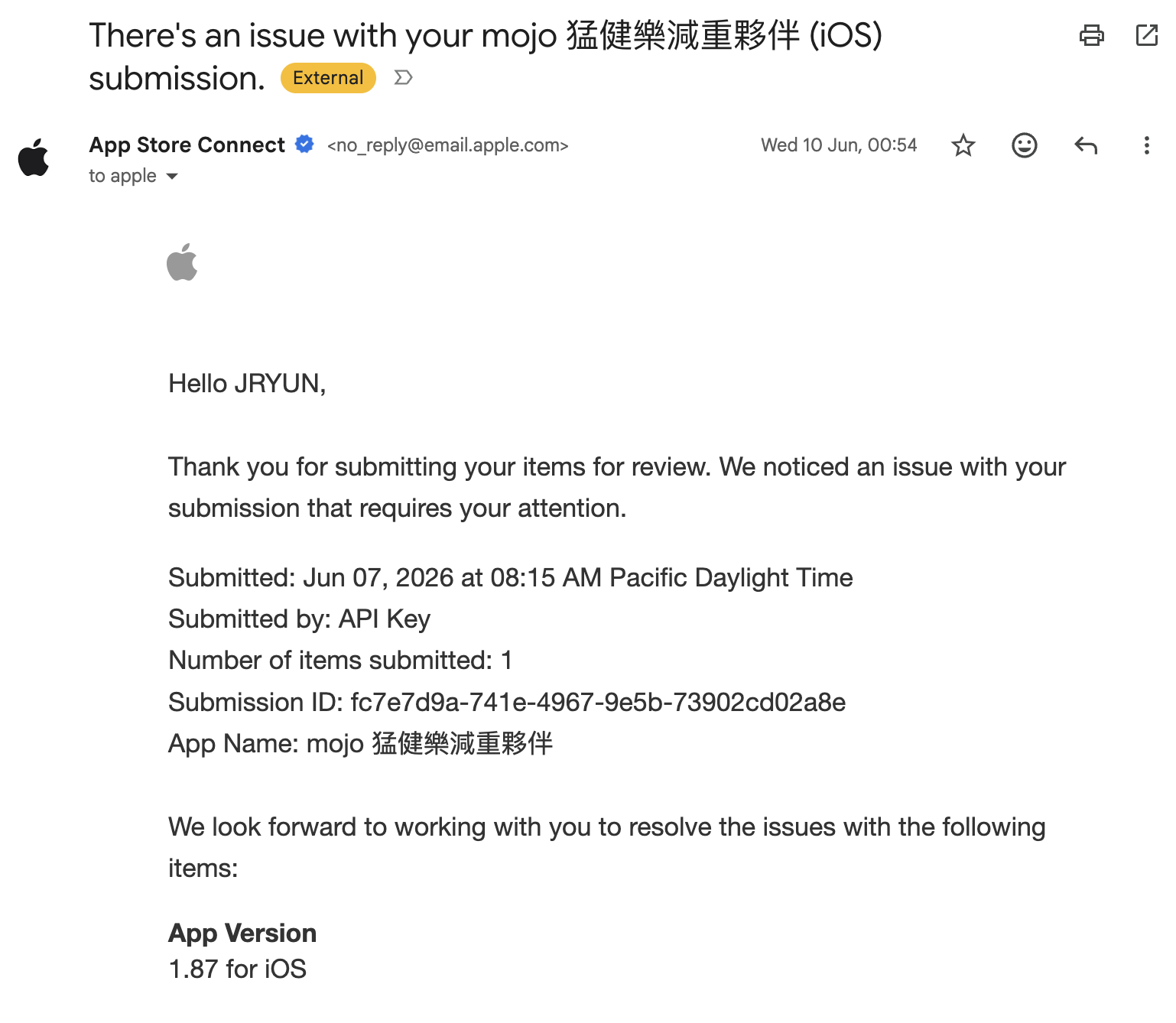 App Store Connect submission issue 通知