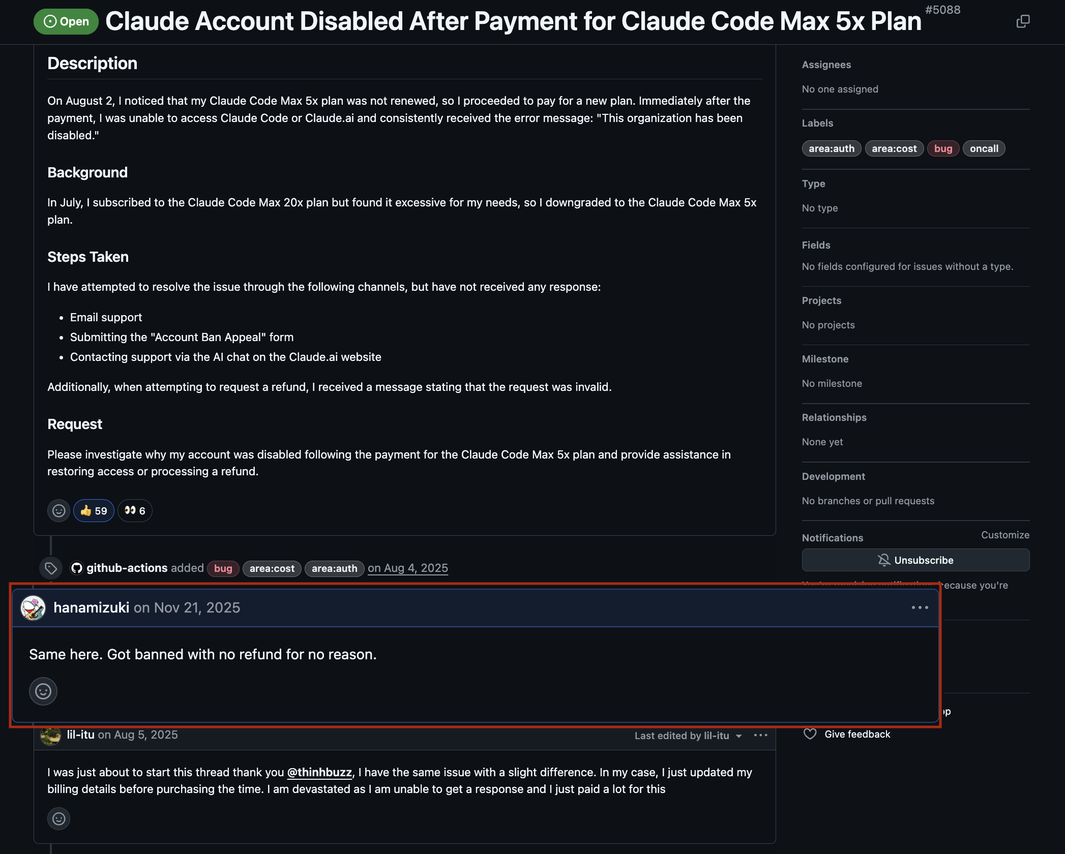 Claude 帳號付款後遭停用的 GitHub issue